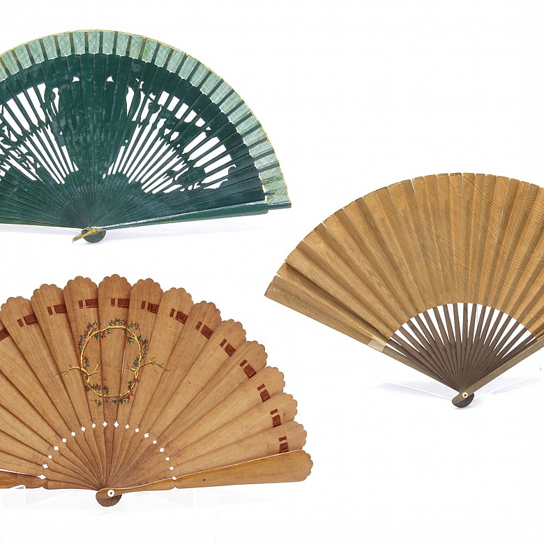Lot of three wooden fans, hand painted, late 19th century - early 20th century