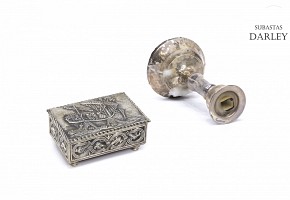 Silver metal candle holder and box.