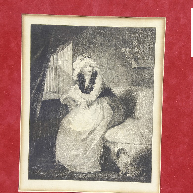 Grabado representando una dama sentada con su perro, s.XX - 2