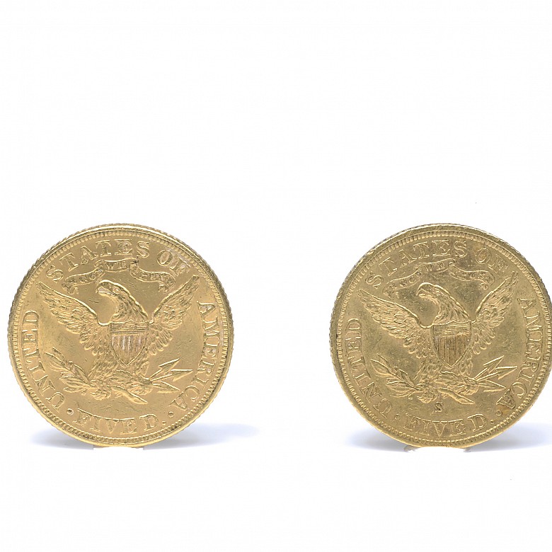 Dos monedas de 5 dólares de oro 900 milésimas