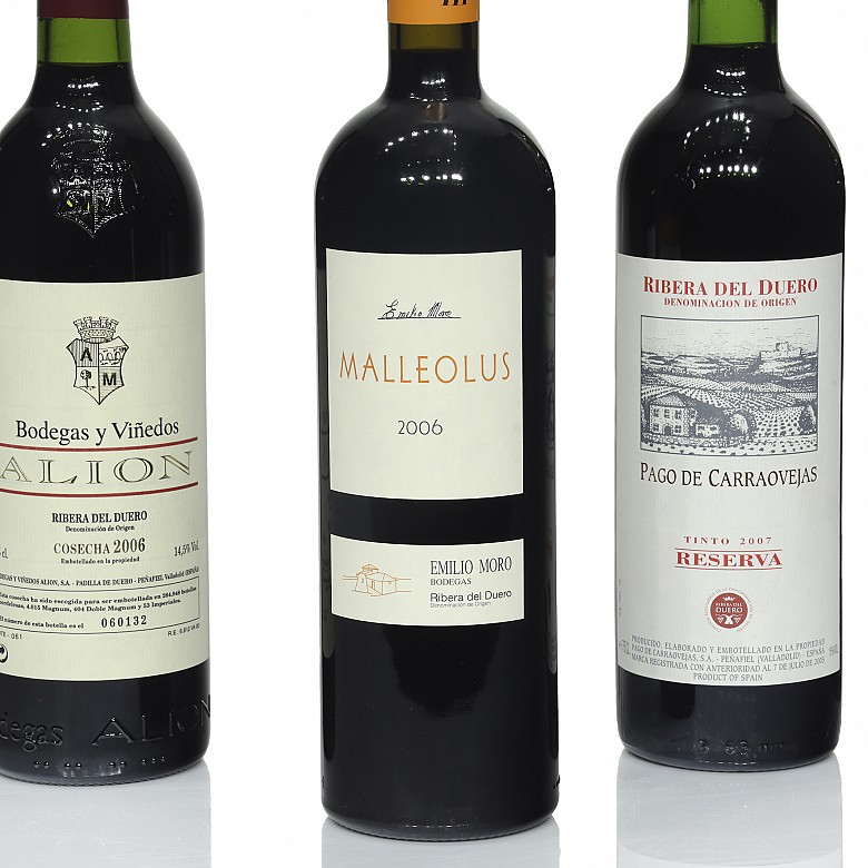 Lote de cinco botellas de vino, Ribera del Duero.