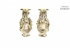 Pair of enameled and golden porcelain vases, Ruaud, 19th century