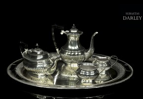 English tea set with tray, silver-plated metal, 20th century