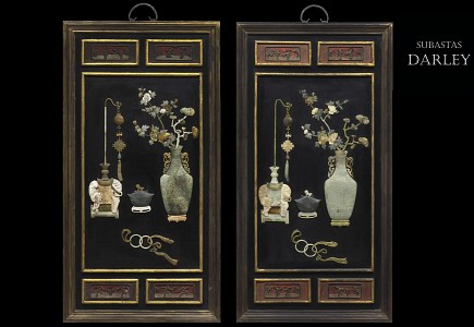 Pareja de paneles con incrustaciones de jade, dinastía Qing