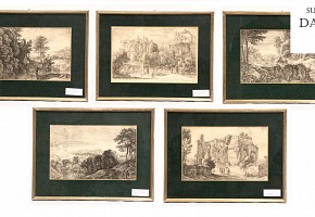 Cinco grabados enmarcados con escenas de ruinas romanas y paisajes