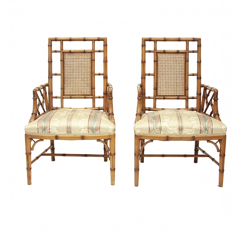 Pair of carved wooden chairs in the form of bamboo, 20th century