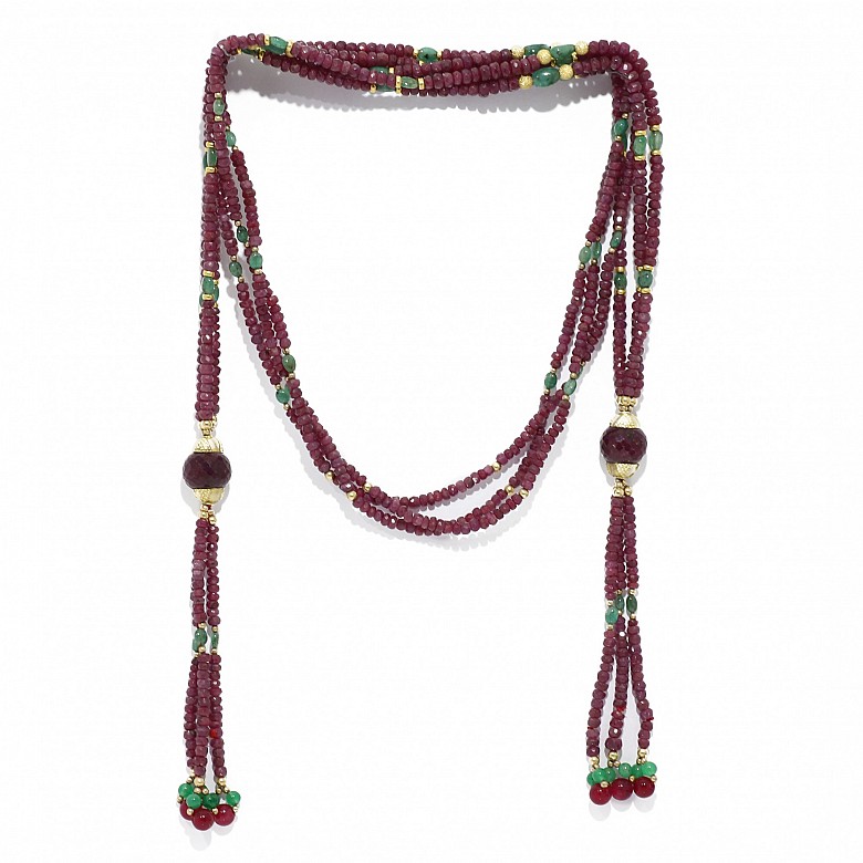 Gold, ruby ​​and emerald bead necklace