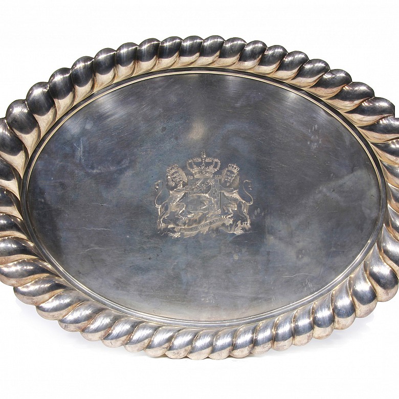 Large silver tray with wooden case, 19th century