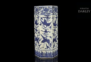 Hexagonal vase, blue and white, 20th century