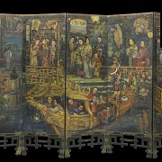 Biombo oriental de madera y seda pintada, S.XIX - XX