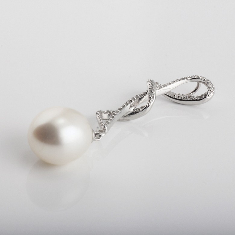 Pendant with pearl Natural and diamond  in white gold - 3