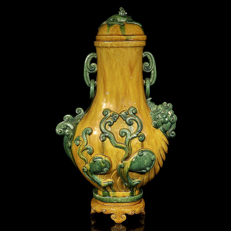 Gran jarrón de cerámica vidriada sancai, dinastía Qing - 2