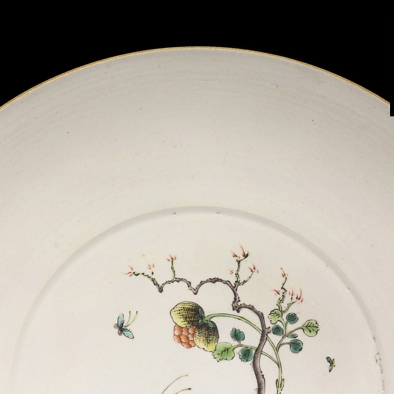 Dish with birds and branches, enameled porcelain, 20th century