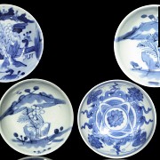 Four small porcelain dishes, blue and white, Qing dynasty