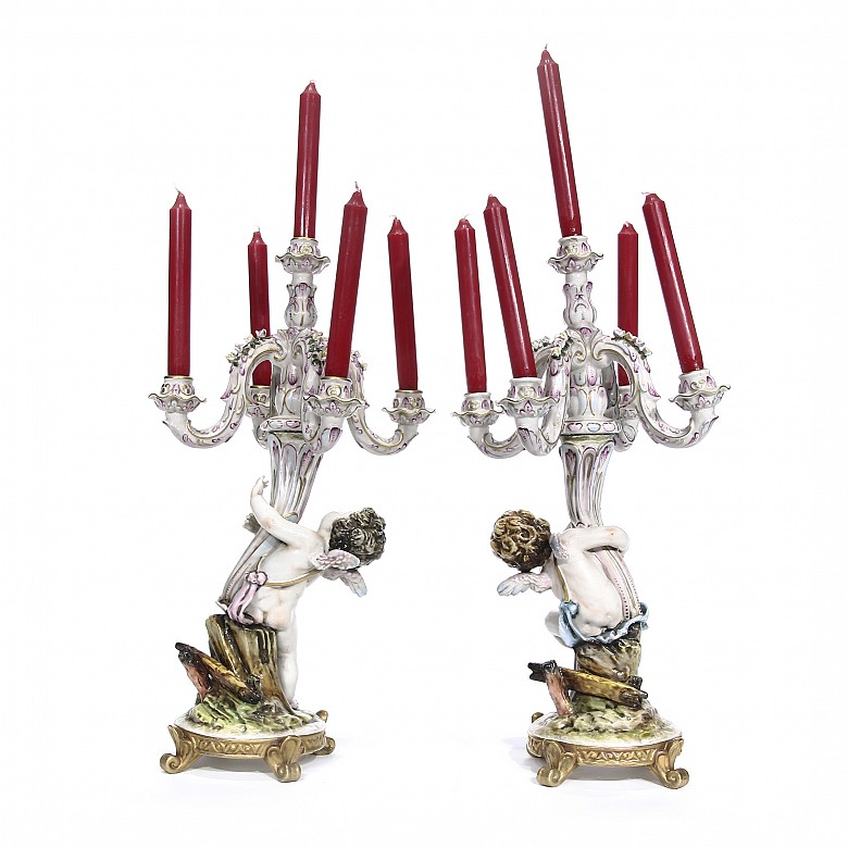 Pair of German porcelain candlesticks, 20th century