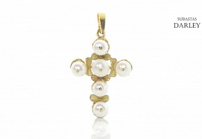 18k yellow gold cross with six pearls