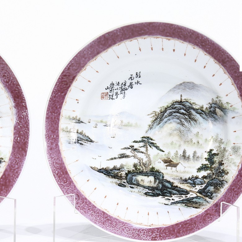 Pair of plates with landscapes, 20th century