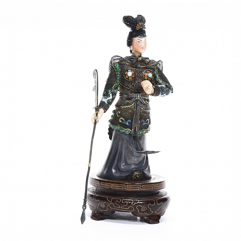 Chinese warrior sculpture in silver and enamel.