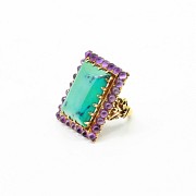 18k yellow gold ring with 28 amethysts and one natural turquoise.