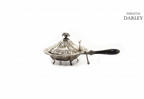 Silver brazier with wooden handle, med.s.XX