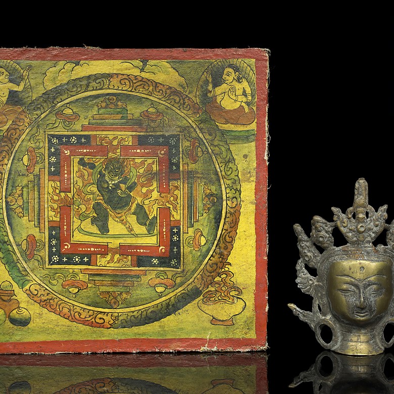 Thangka and Buddha's head, 20th century