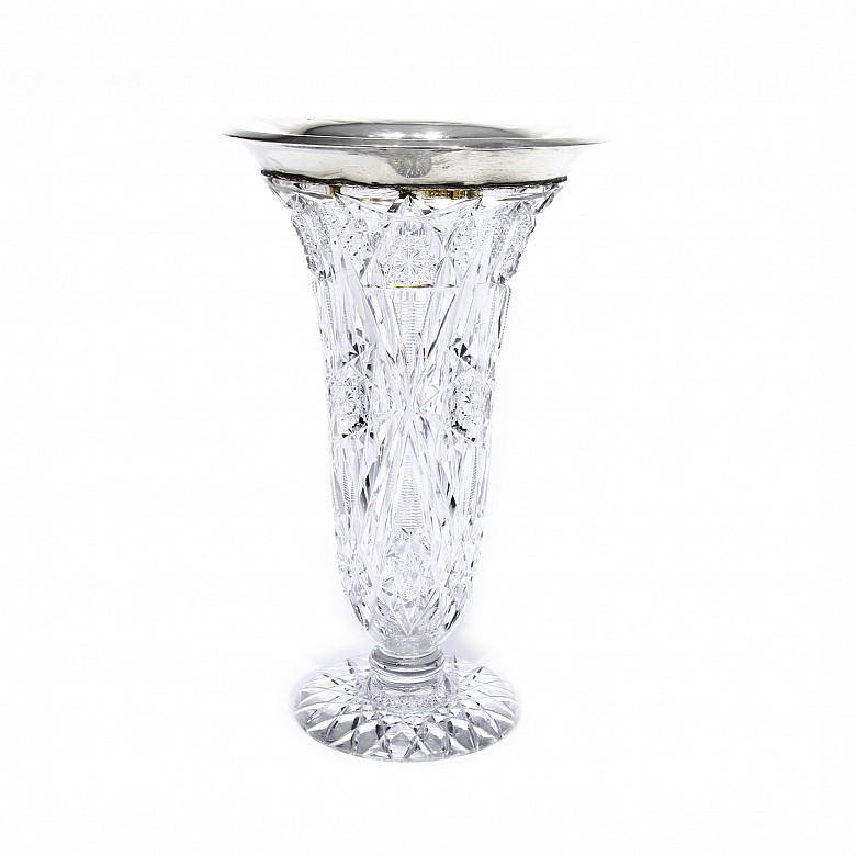 Carved glass vase with English silver rim, early 20th century