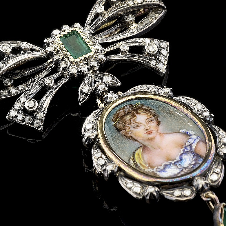 Elizabethan style, diamond and emerald pendant brooch - 5