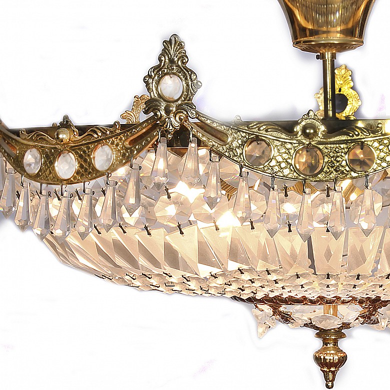 Lámpara y plafón de bronce con vidrio, s.XX - 4