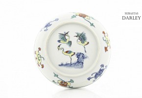 A Doucai porcelain dish with cranes.