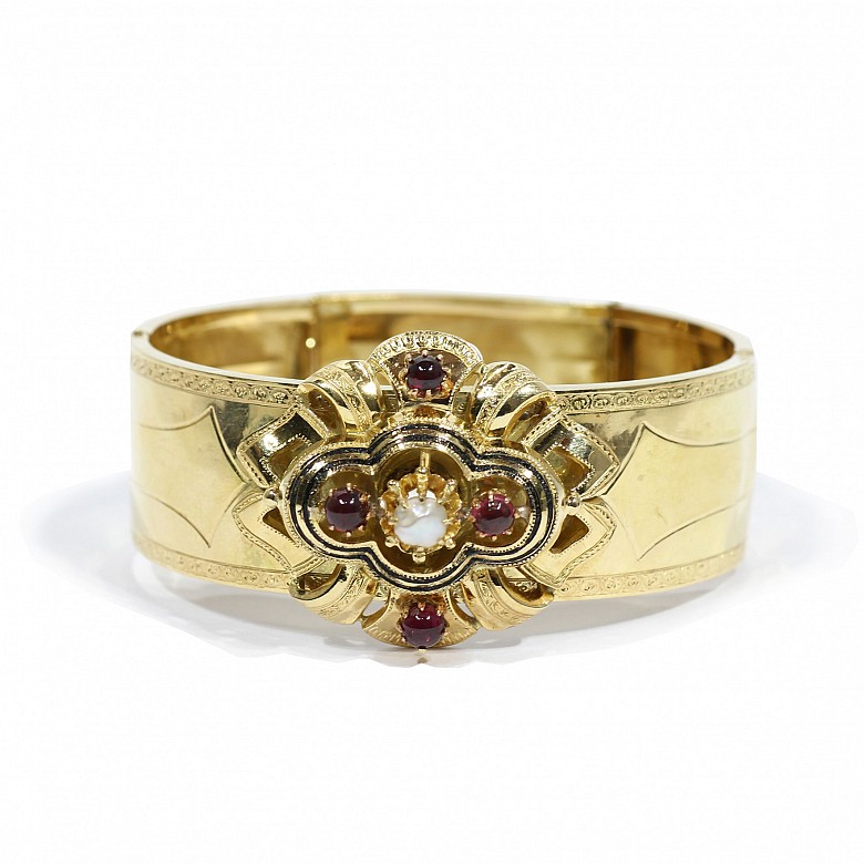十九世纪18k黄金镶珐琅，红石榴士和珍珠手镯