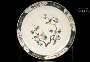 Dish with birds and branch, enamelled porcelain, 20th century