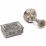 Silver metal candle holder and box.