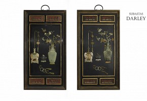 Pair of lacquered wood panels with jade, Qing dynasty.