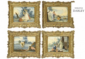 Spanish School 18th century. Set of four painted glass