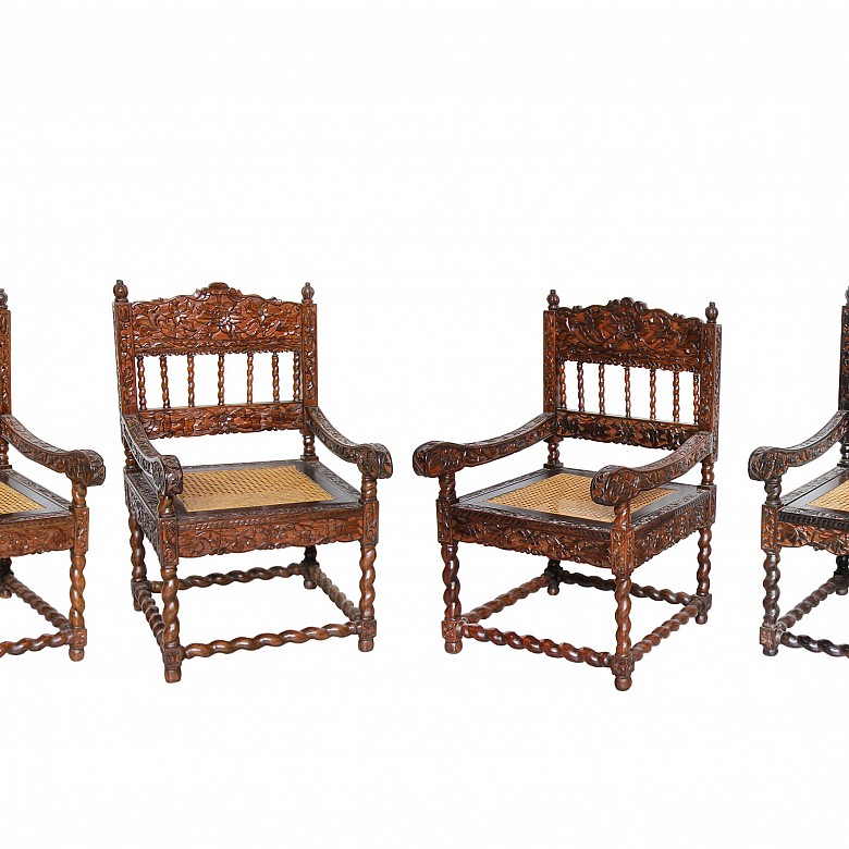 Four chairs with reliefs and grille seat, Asia, 20th century