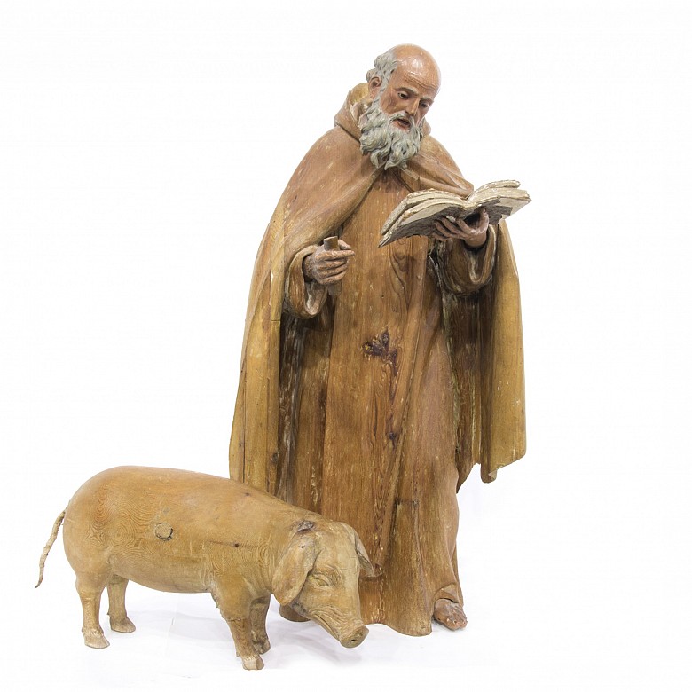 Wooden sculpture of Saint Anthony the Abbot and a pig, 19th century