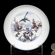Enameled dish with birds on branches, with Kangxi mark