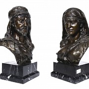 Pair of bronze busts with marble base, 20th century