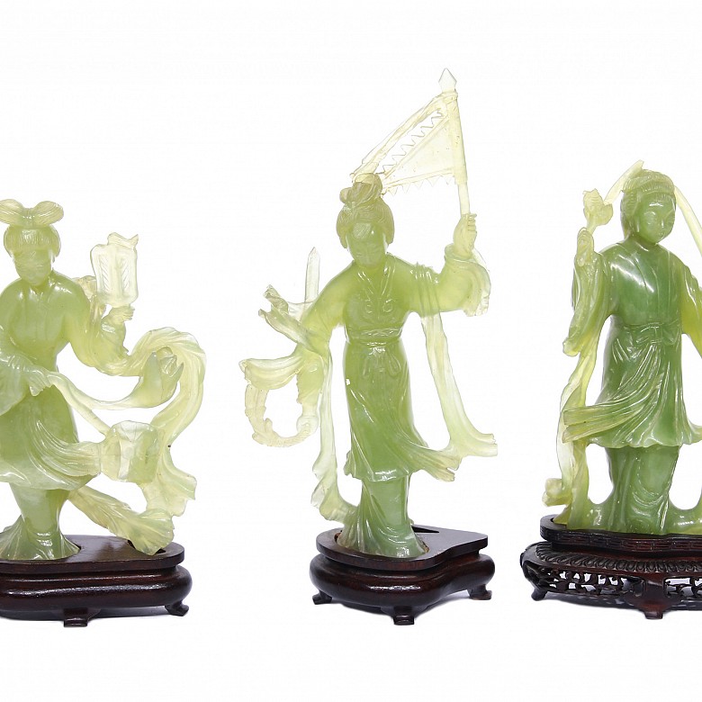 Three carved jade dancers, 20th century