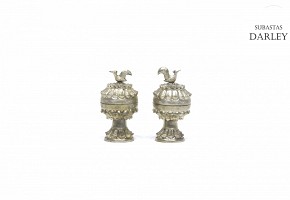 Pair of small silver plated chalices with lid, Indonesia, early 20th century