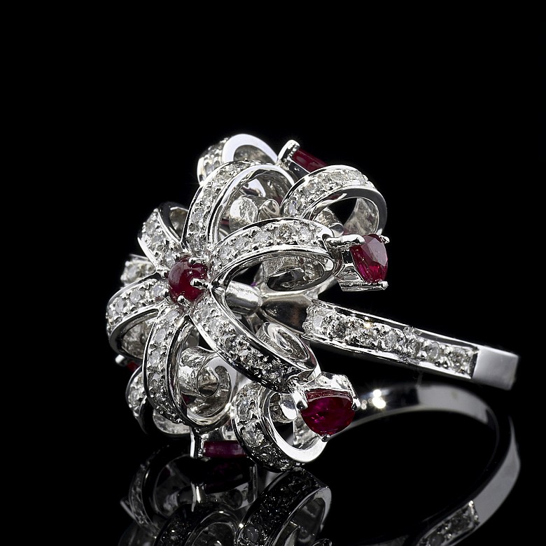 Ring in 18k white gold, diamonds and rubies - 5