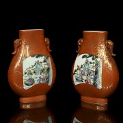 Two enameled vases with warriors, 20th century