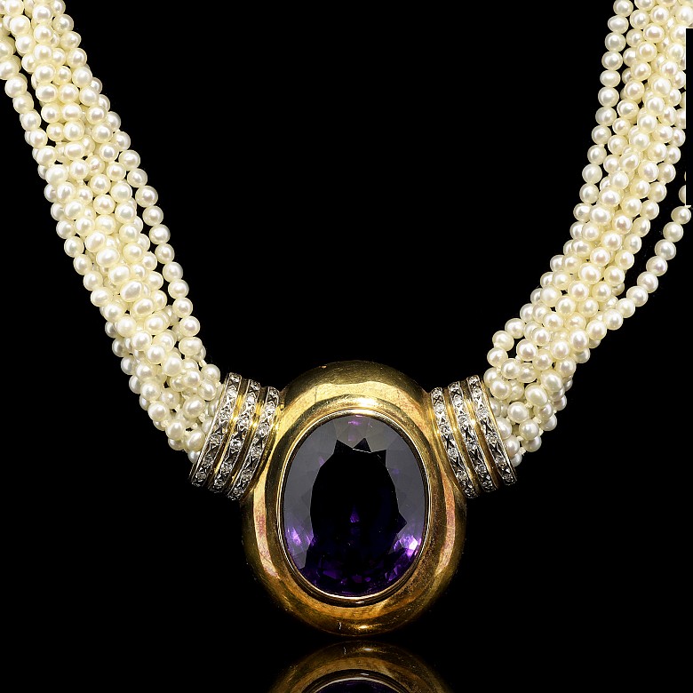 Pearl necklace, 18k yellow gold and an amethyst - 2