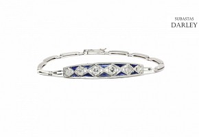 Bracelet with brilliant and sapphire front calibrated in platinum and links in 18k white gold