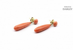 Pair of coral earrings set in 14k yellow gold.