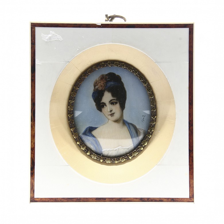 Lot of four miniatures with portraits of ladies, 19th c.