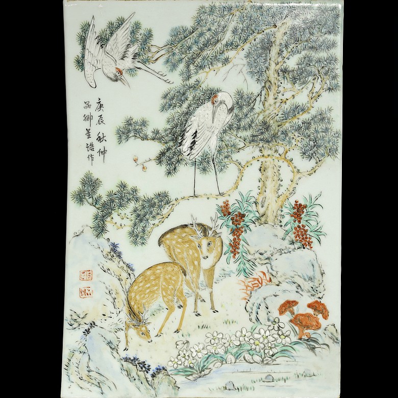 Placa de porcelana con ciervos y grullas, S.XX