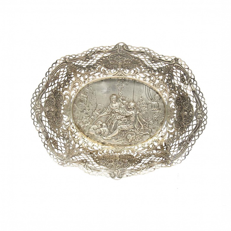 Silver centerpiece with gallant scene. Some restorations.