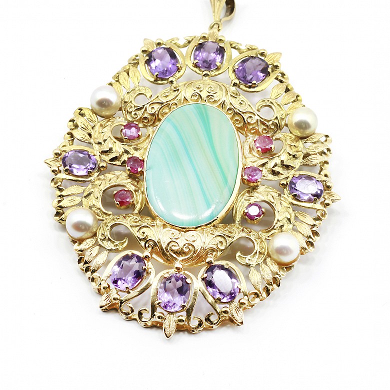14k yellow gold medallion, blue agate, amethysts, sapphires, pearls and gems. - 1