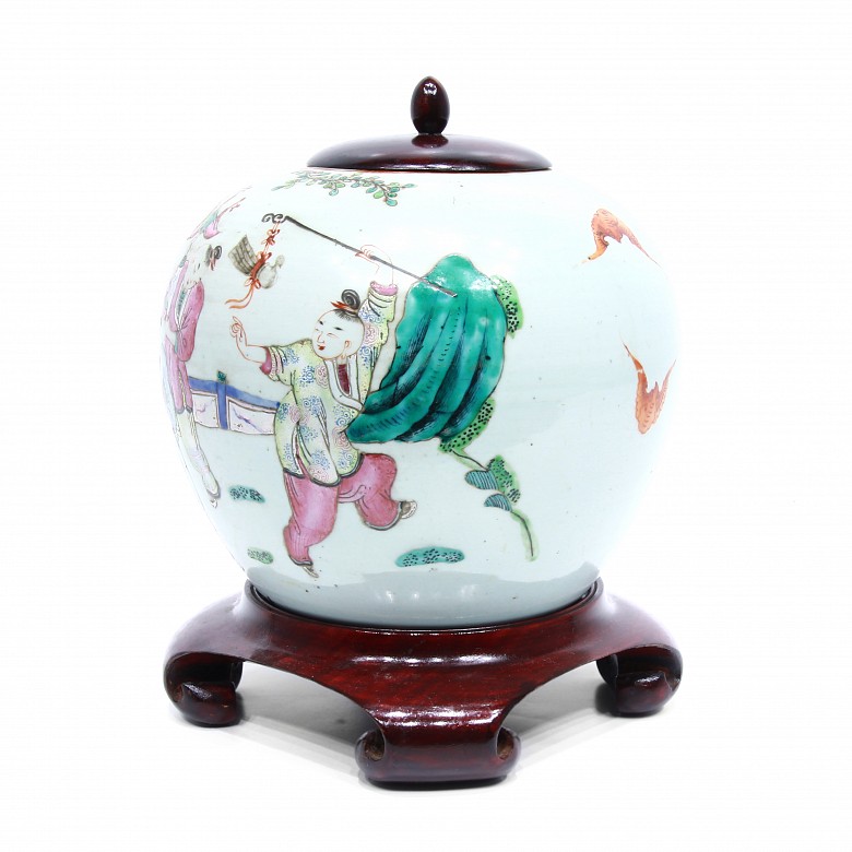 Tibor de cerámica esmaltada, familia rosa, China, s.XIX